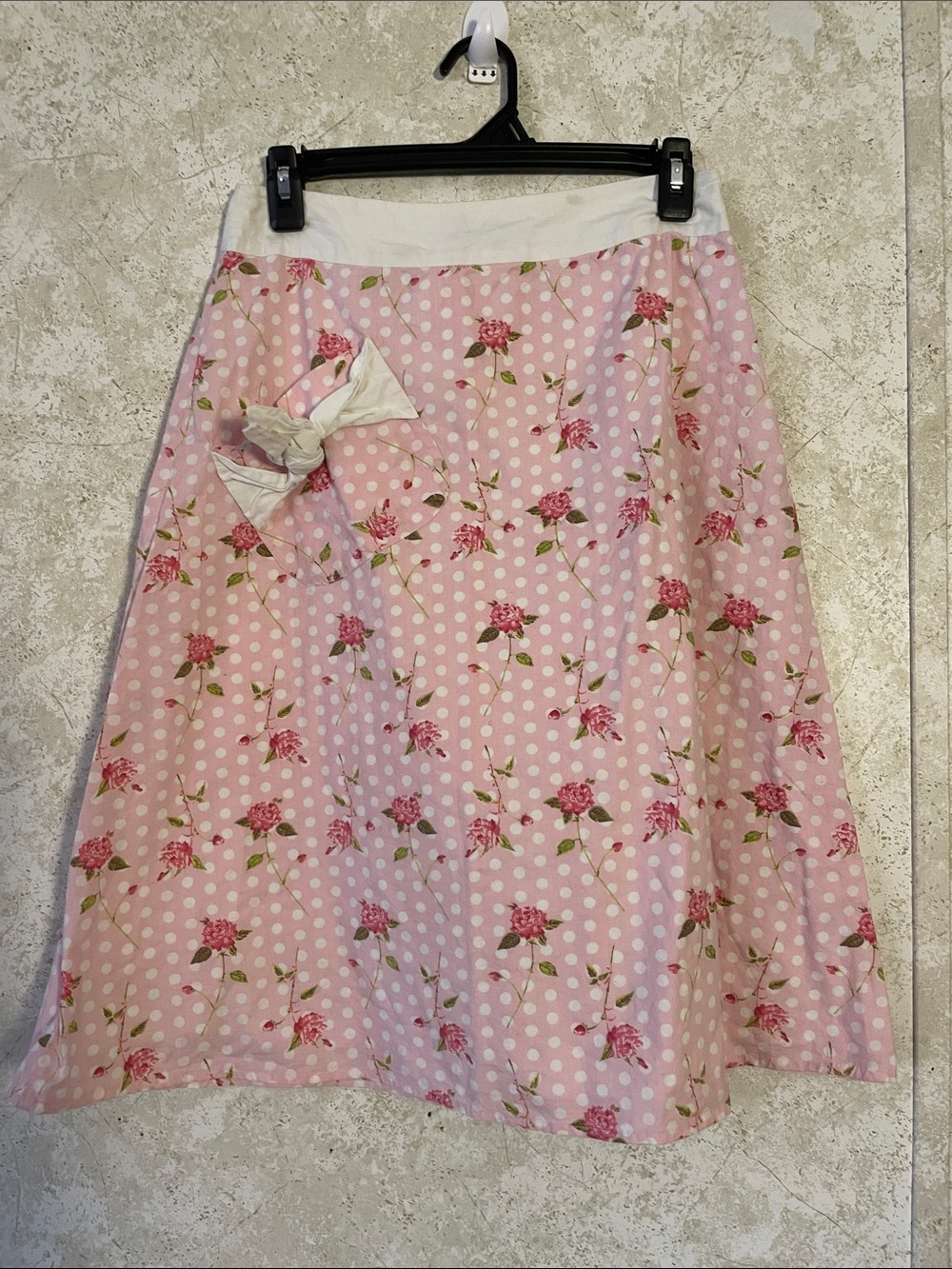 Willi Smith Pink, Green & White Cottage core Floral Polka Dot A-Line Skirt Bow 4